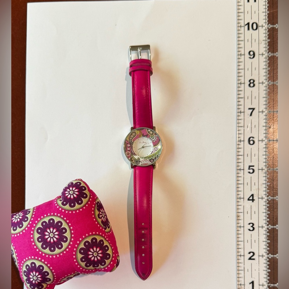 Pink Leather Strap Watch with Floral Dial
